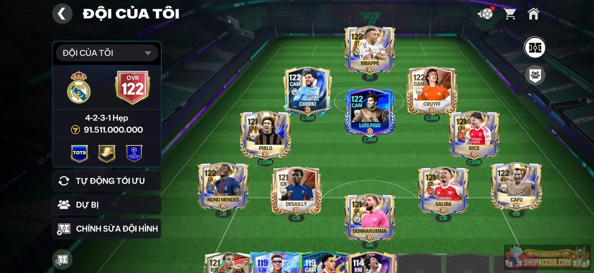 Acc ovr 122, nhiều cầu thủ utoty vip, mbaape, saliba, mendes, cruyff, checki, figo, rice, donaruma, và 2 cầu thủ bán được