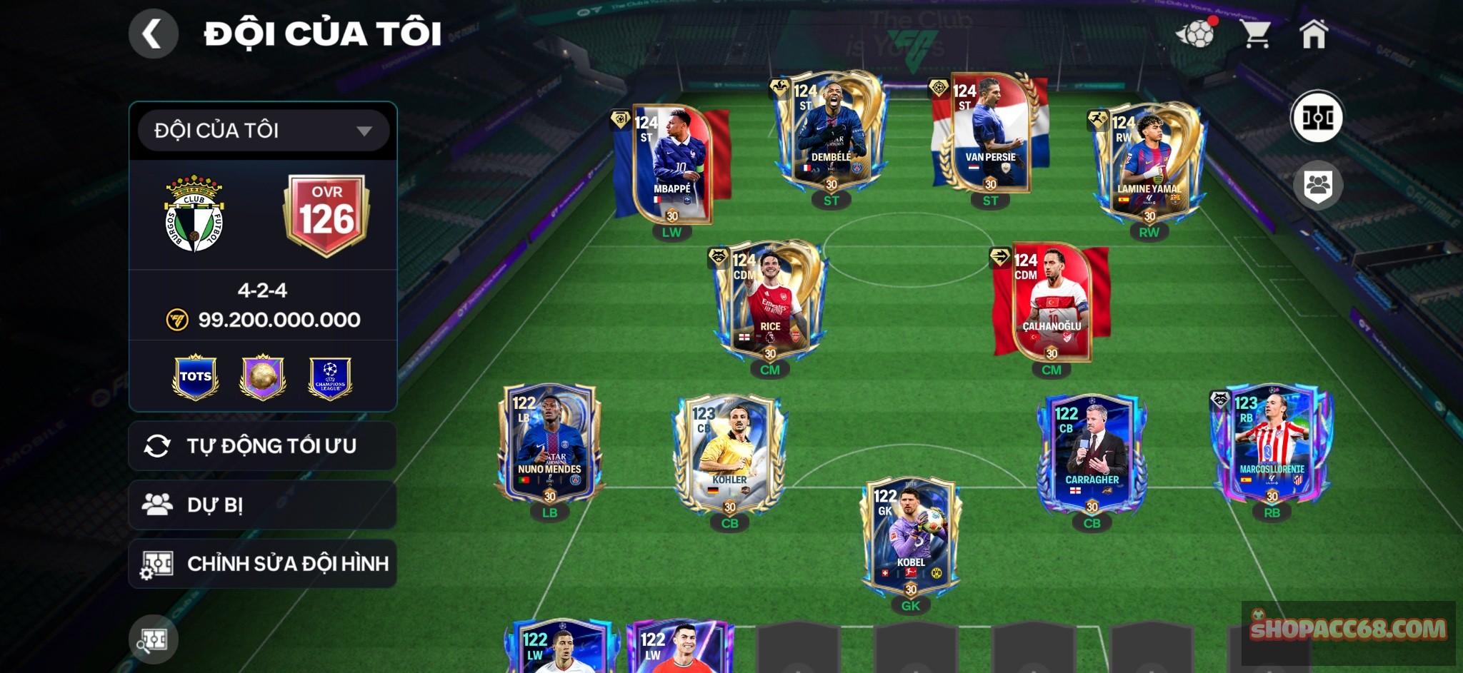 Acc ngon, nhiều cầu thủ vip có sở hữu playstyle, dembele, yamal, mbappe, rice, rank siêu sao,...