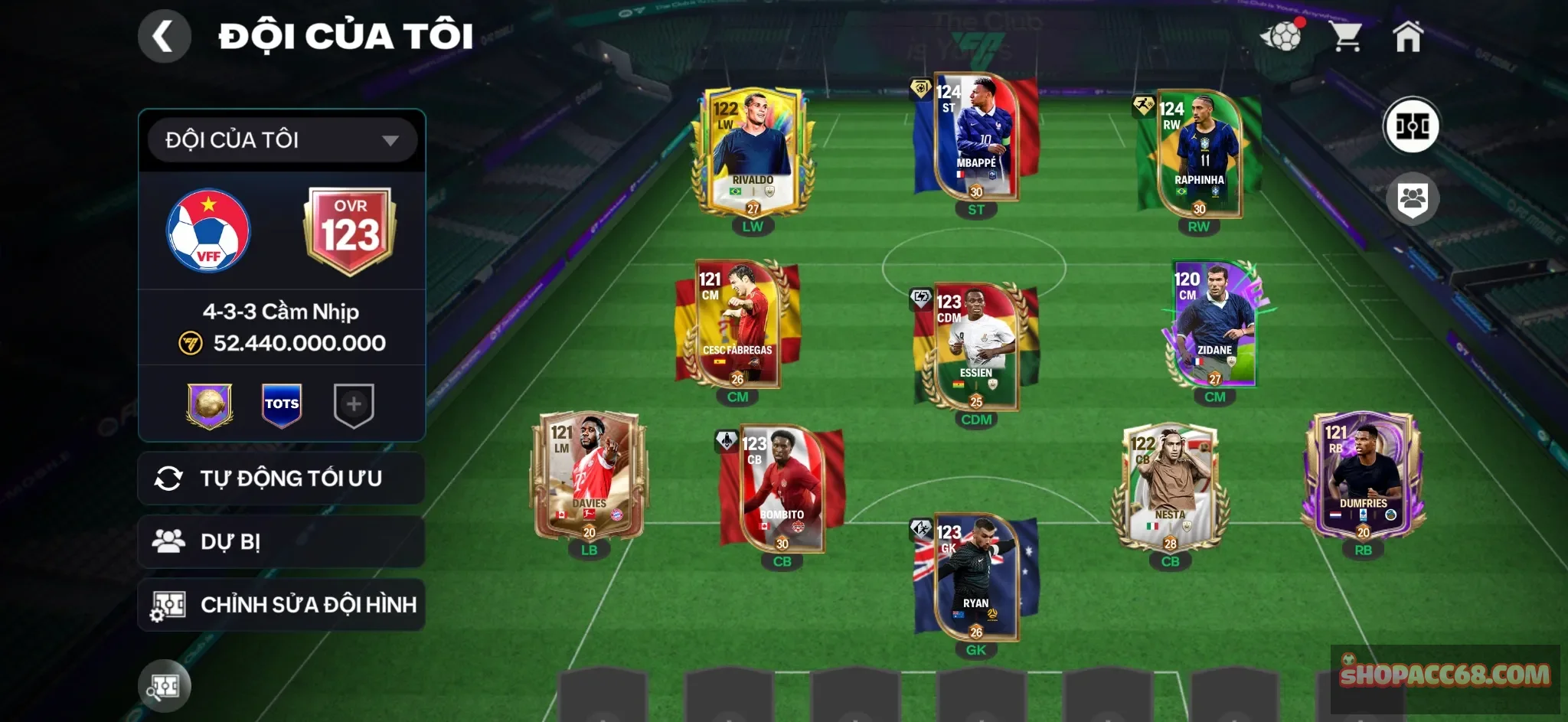 OVR 123,..Dem + Raphinha + Rivaldo ( bán được 1B7 ) + Essies + Zidane + nhiều cầu thủ ngon. rank cao