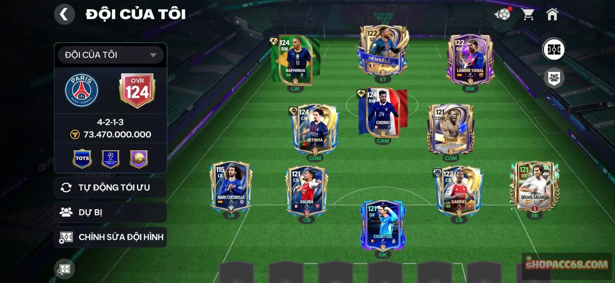 Đội hình ngon OVR 124+, có nhiều cầu thủ có playstyle, raphinha, checkki, vitinha, saliba,...rank siêu sao
