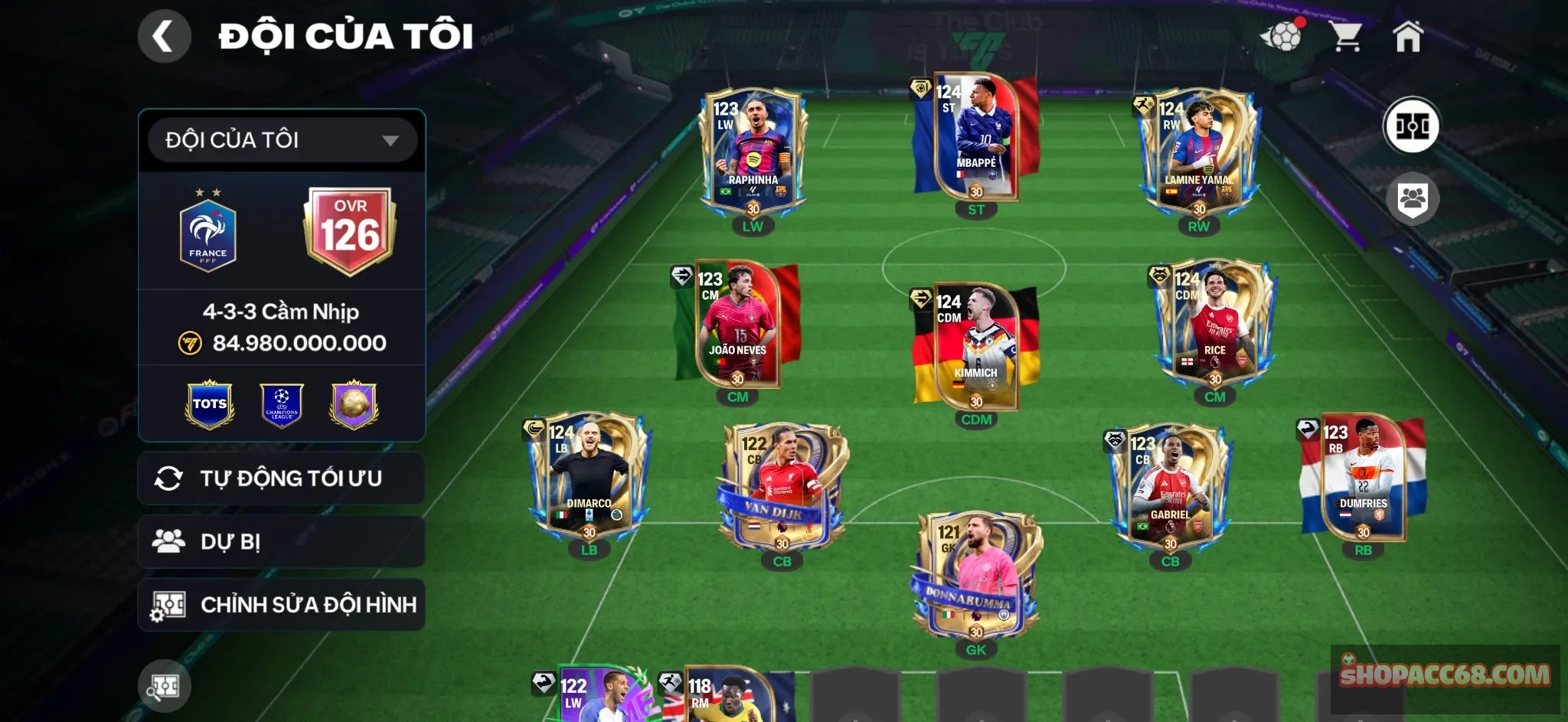 OVR 126,..Mp3 + Yamal + Raphinha + Rice + Neves + Kimitchi ,.Dư 2B5 coin và rank cao cho ae đá.