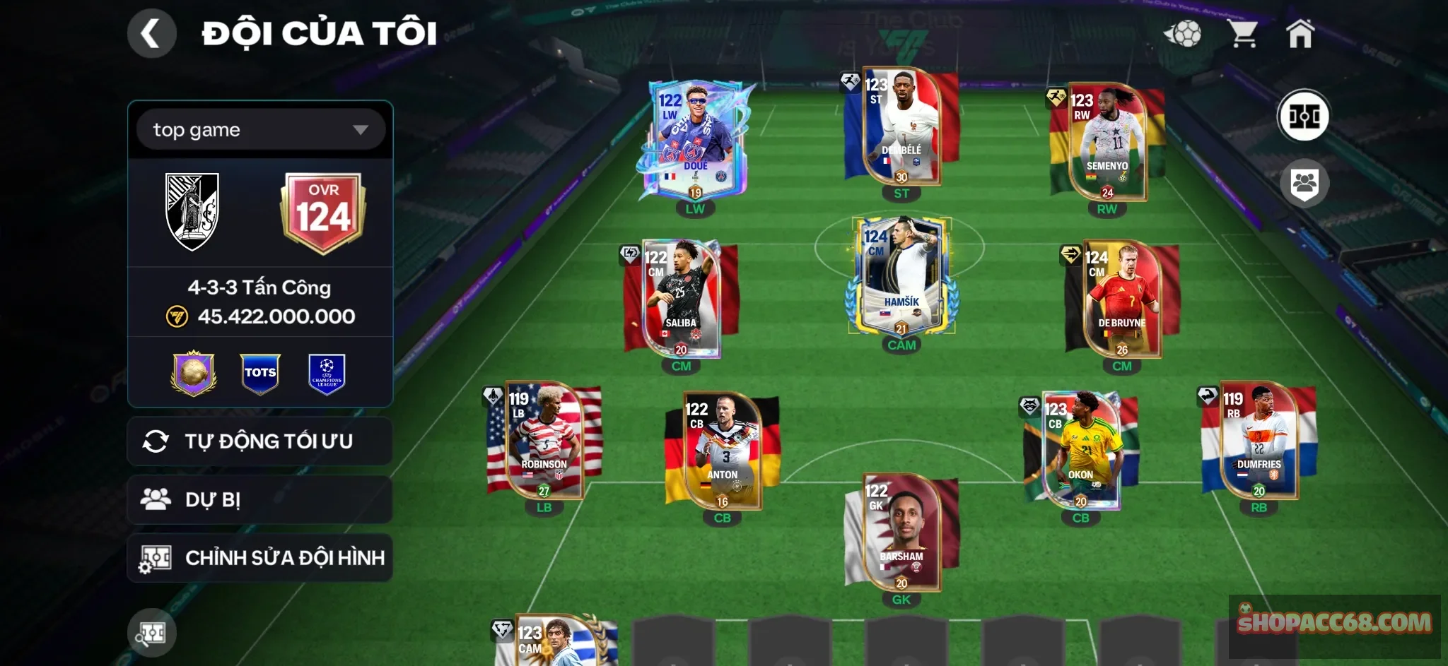 Acc OVR 124+, Doue bán được, full đội hình có playstyle, nhiều cầu thủ vip, dembele, semenyo,...28 lượt bảo hiểm, rank siêu sao
