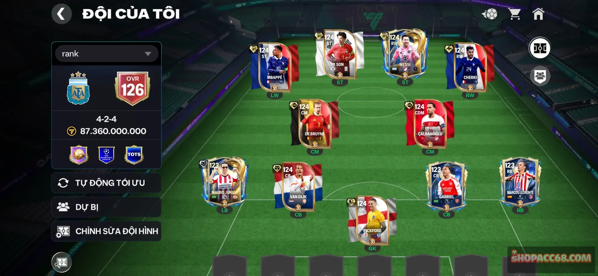 Ovr 126 8 cthu 119 M3p+Messi+Son+De Bruyne , Đội hình đẹp , xả đc 5b coin , còn nhiều tài nguyên , sắp nổ vé A