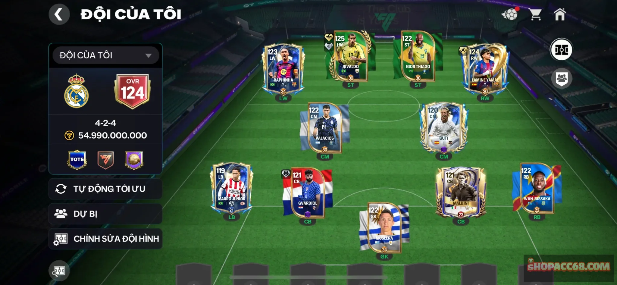 Ovr124 Rivaldo125, gần max huy hiệu TWG, max huy hiệu TOTS, anh em xem chi tiết phía dưới nha