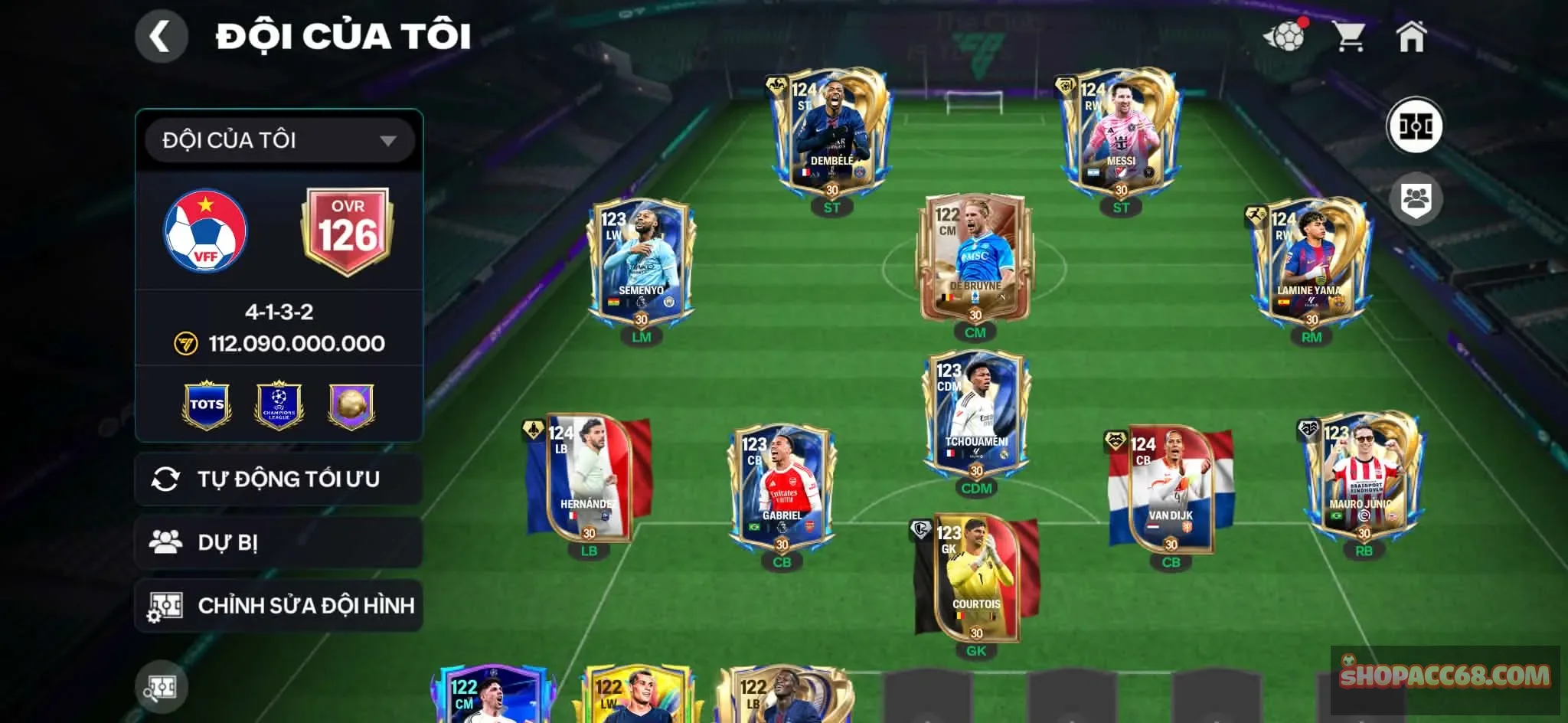 Ovr 126 cao, 5 cầu thủ 119 có playstyle vàng ngon,2 con 118, có dự bị , dư nhiều thăng hạng mua về là chơi ổn áp