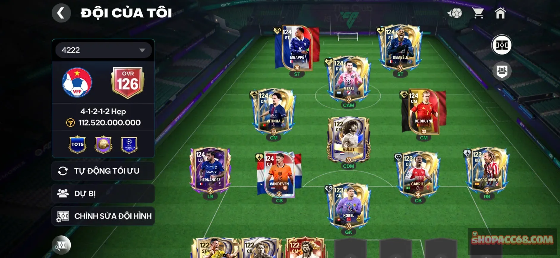 Ovr 126, 6 cầu thủ 119 playstyle vàng ngon, 3 con 118, dự bị ngon , cr7 utoty bao bá,dư hơn 1b coin 30 lượt nổ pool a rank chưa đá