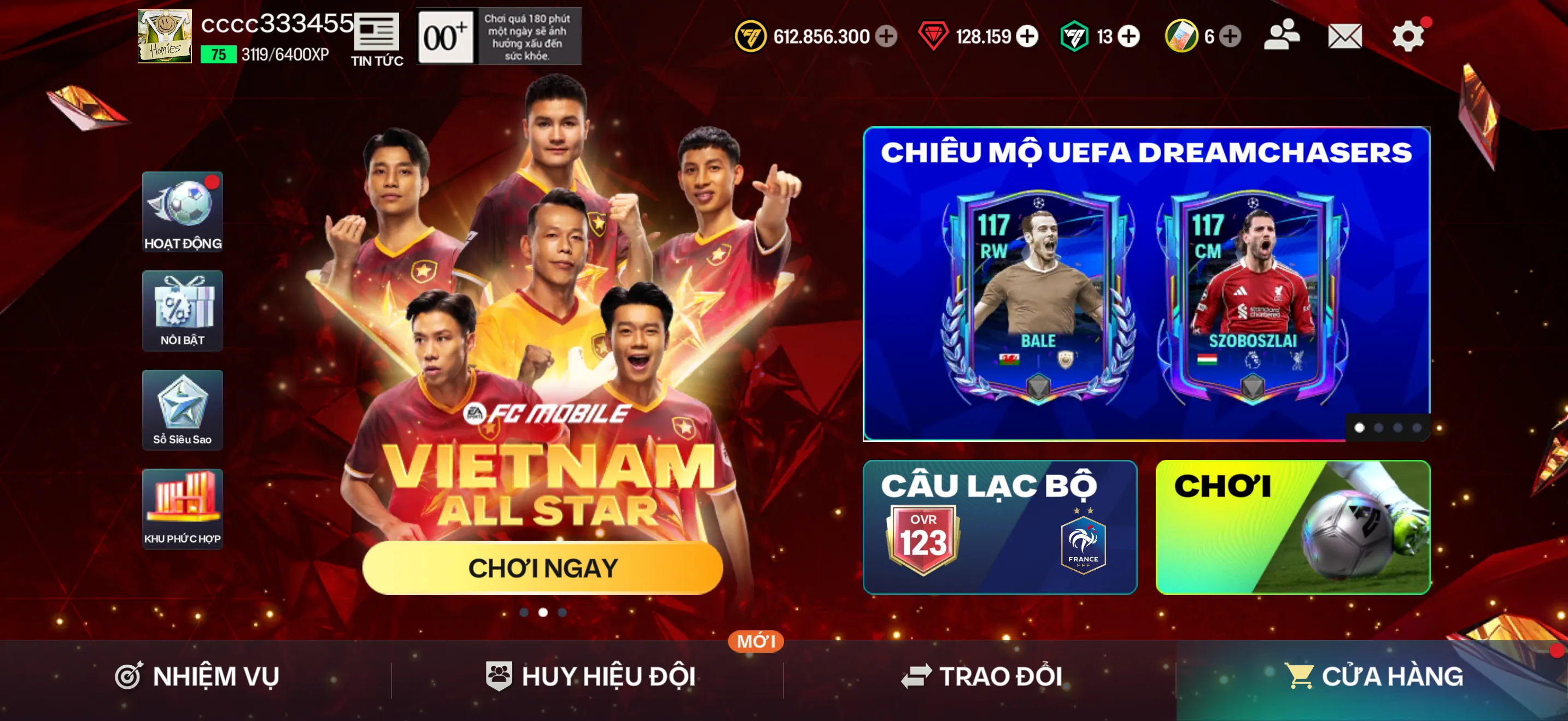 OVR 123,..Mp3 + Dem + Son + Raul ( chữ kí hiếm ) + Gullit + nhiều càu thủ Vip,..Esteva bán được được gần 3B coin,…dư 130k ruby