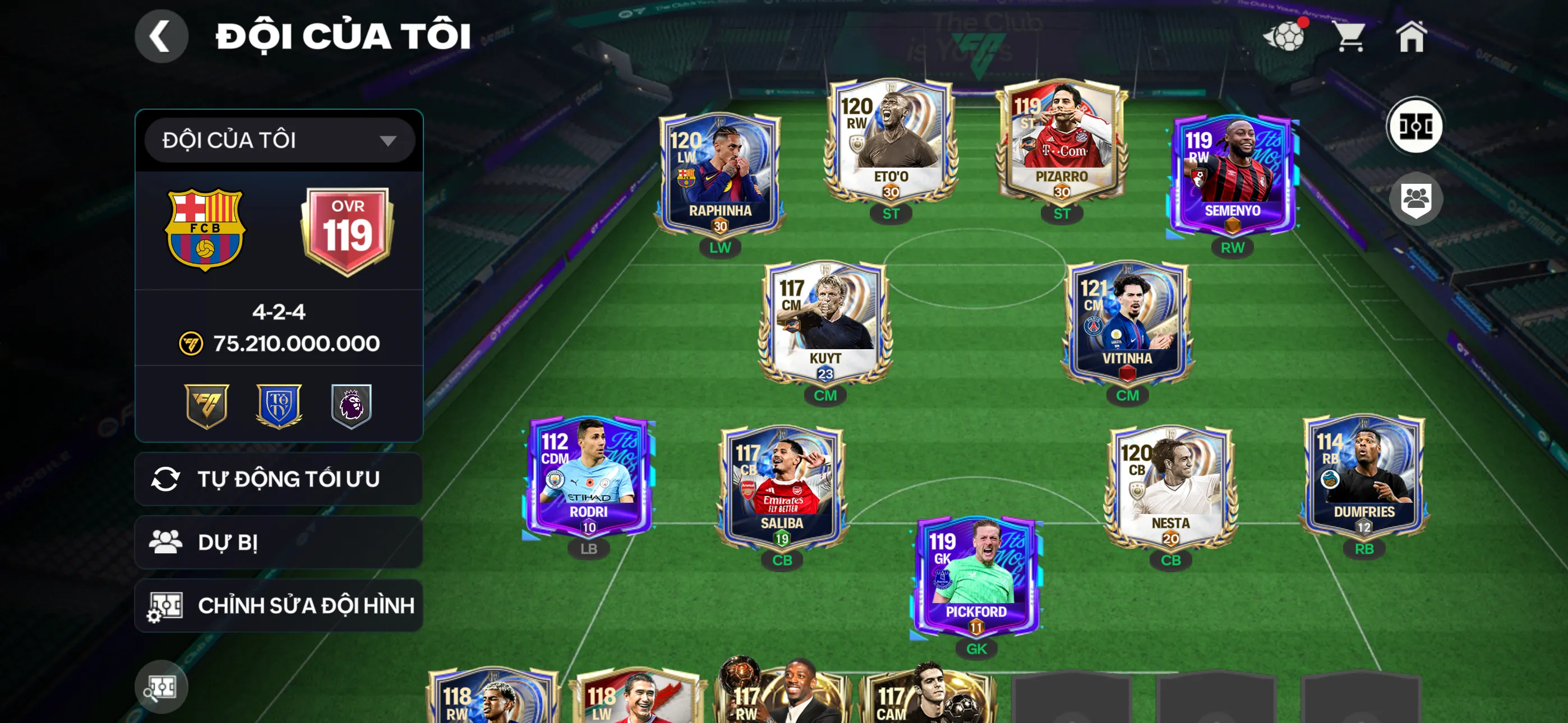 Ovr 119 1 cthu 117 Đội hình đẹp công ngon dư nhiều dự bị ngon ,3 rank chưa đă, 10k hiệp phụ,250m coin