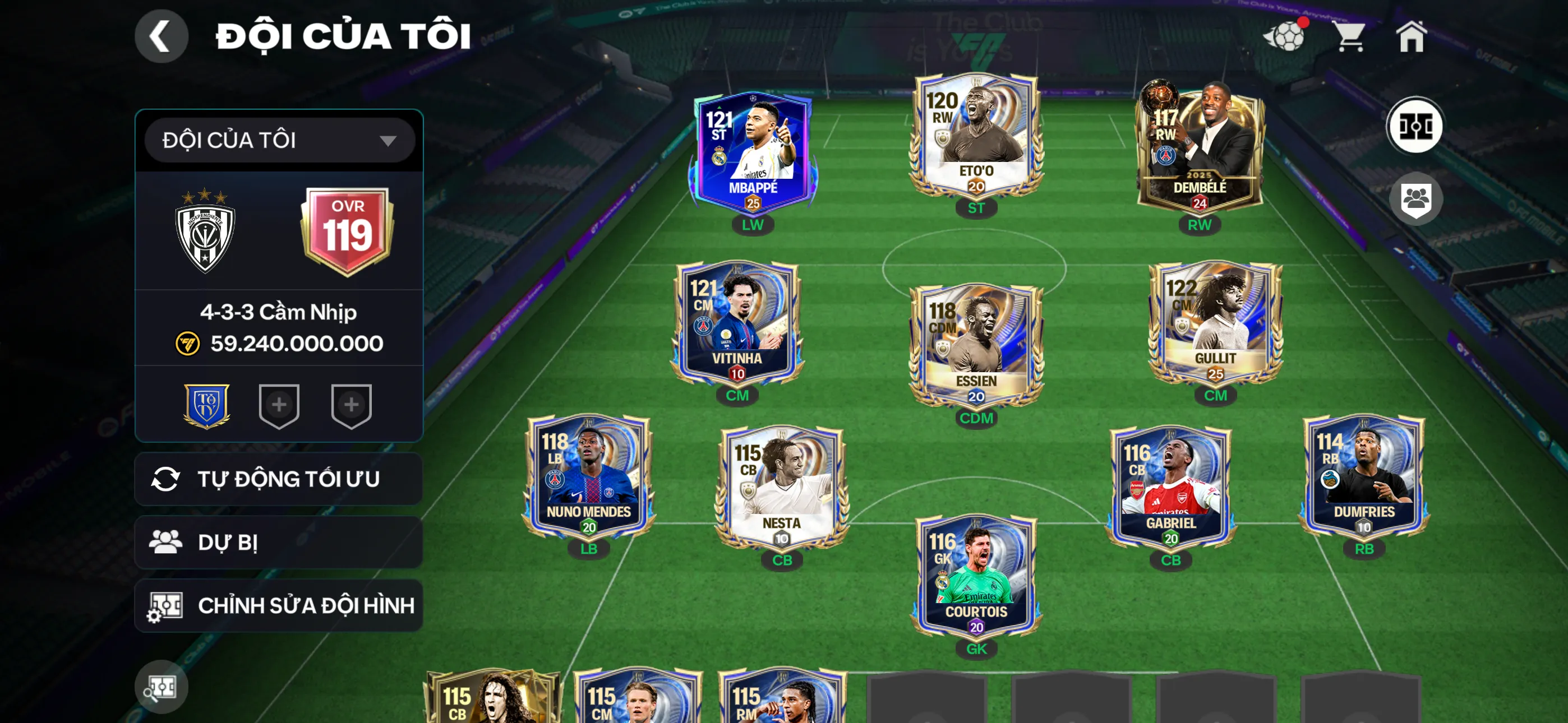 Ovr 119 3 cthu 117 có m3p( hàng hiếm) Đội hình siêu đẹp  , dư nhiều tn 3 rank chưa đá ,20k hiệp phụ,