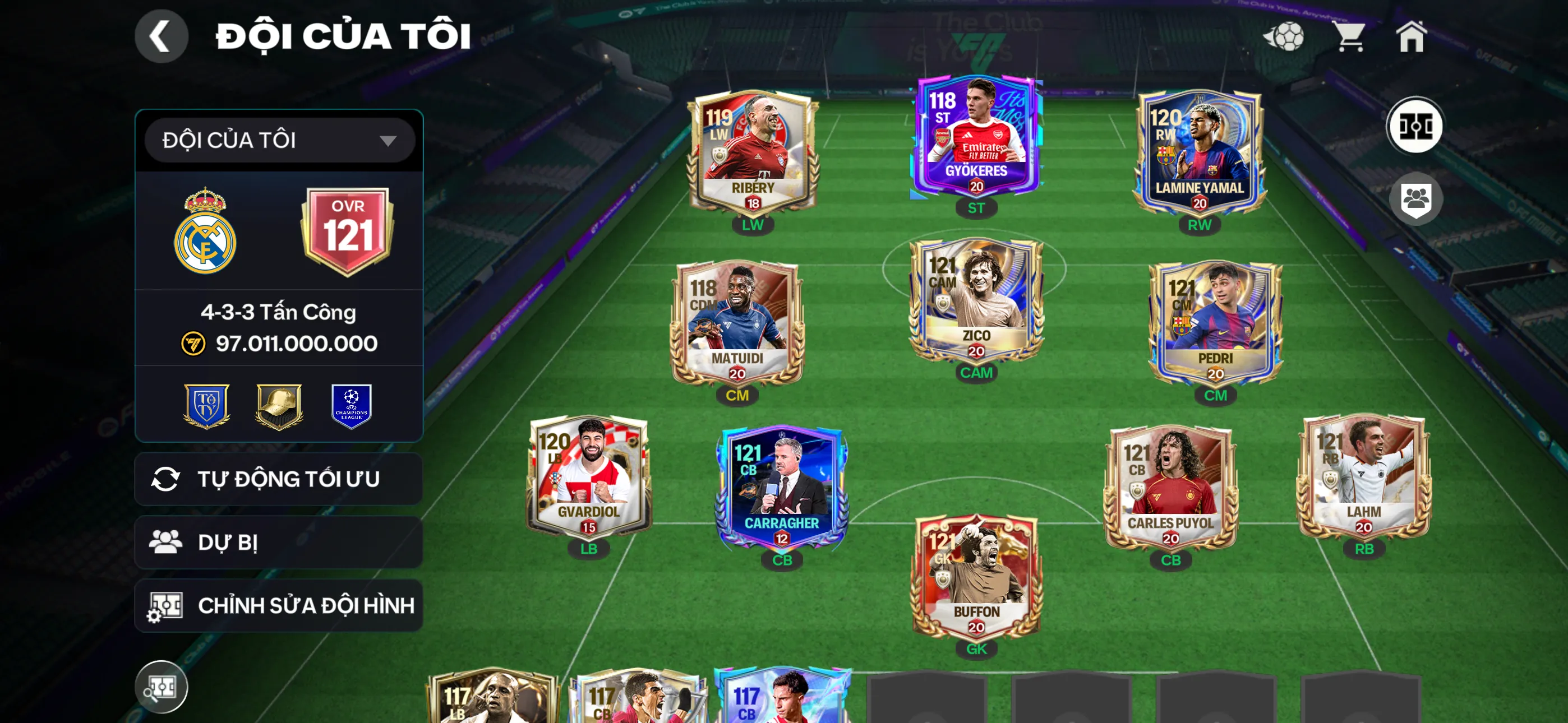 Ovr121 5 cthu 117 Đội hình đẹp đá ngon ,2 rank chưa đá,còn nv20k gem, 220 hhtd,470m coin