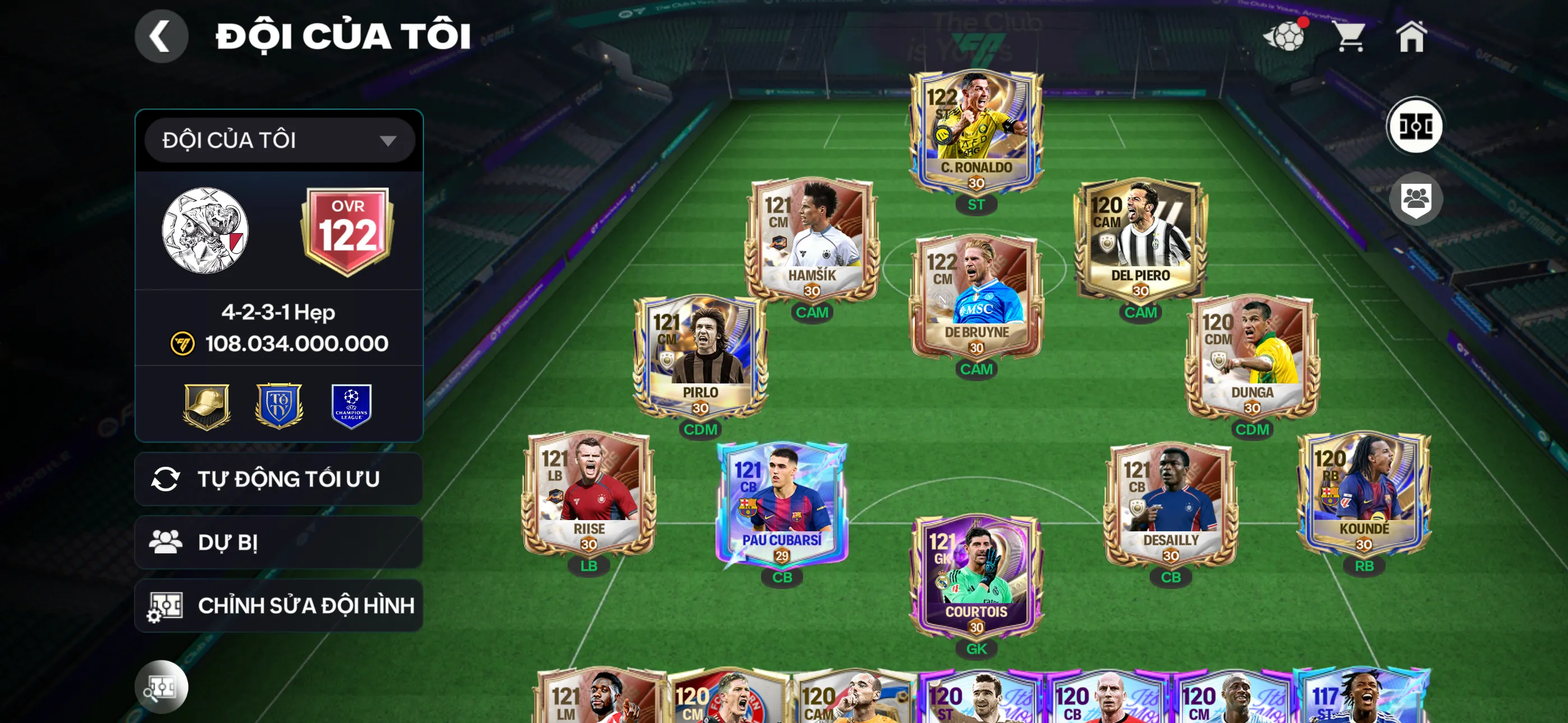Ovr122 cr7+1kí Đội hình siêu đẹp nhiều dự bị ngon ,1cthu bán đc 1b3,dư117 hhtd,3k tthd,1 rank chưa đá