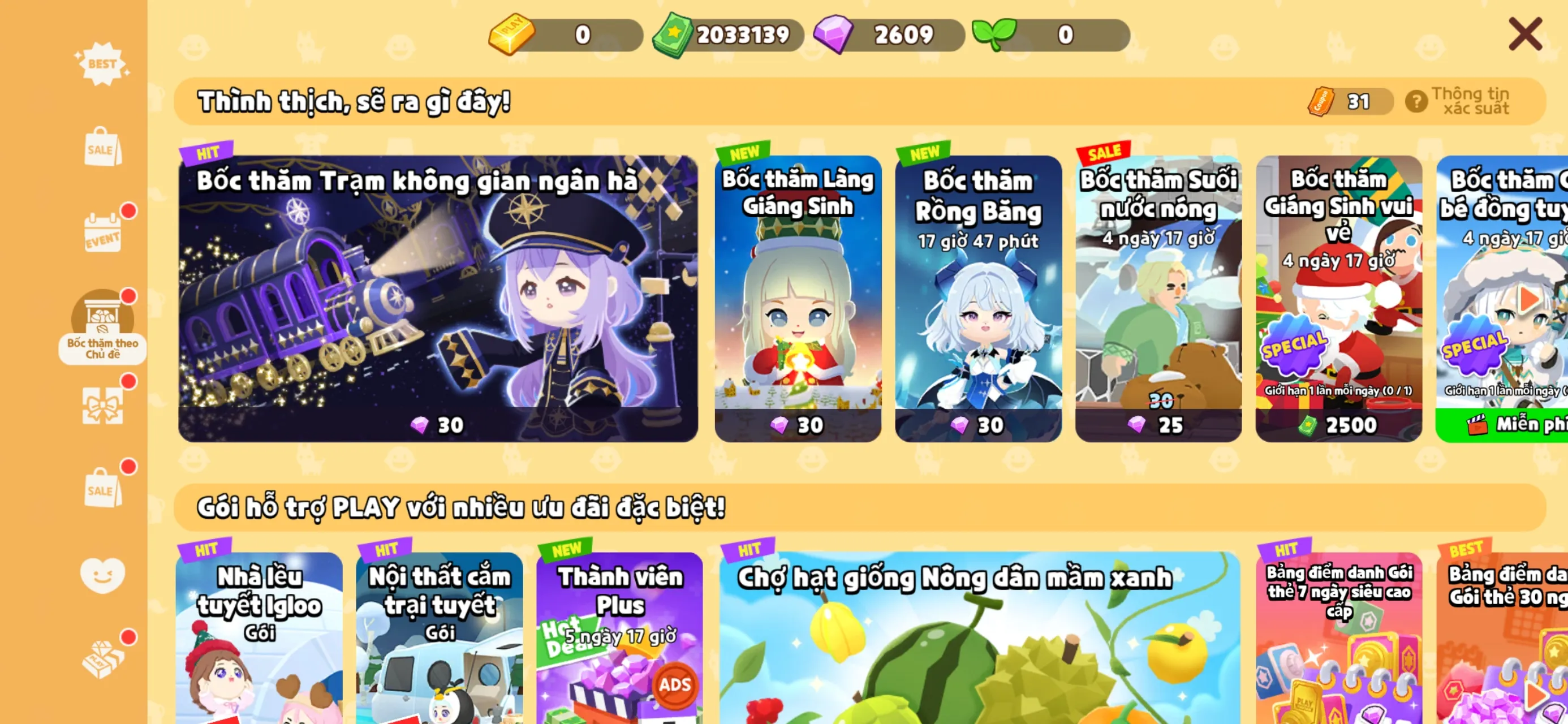 Xe bay noel, 2003k tiền, 2609, 31 vé quay, 3k đá tăng cường, nhiều bọ hiếm, nhiều trang phục