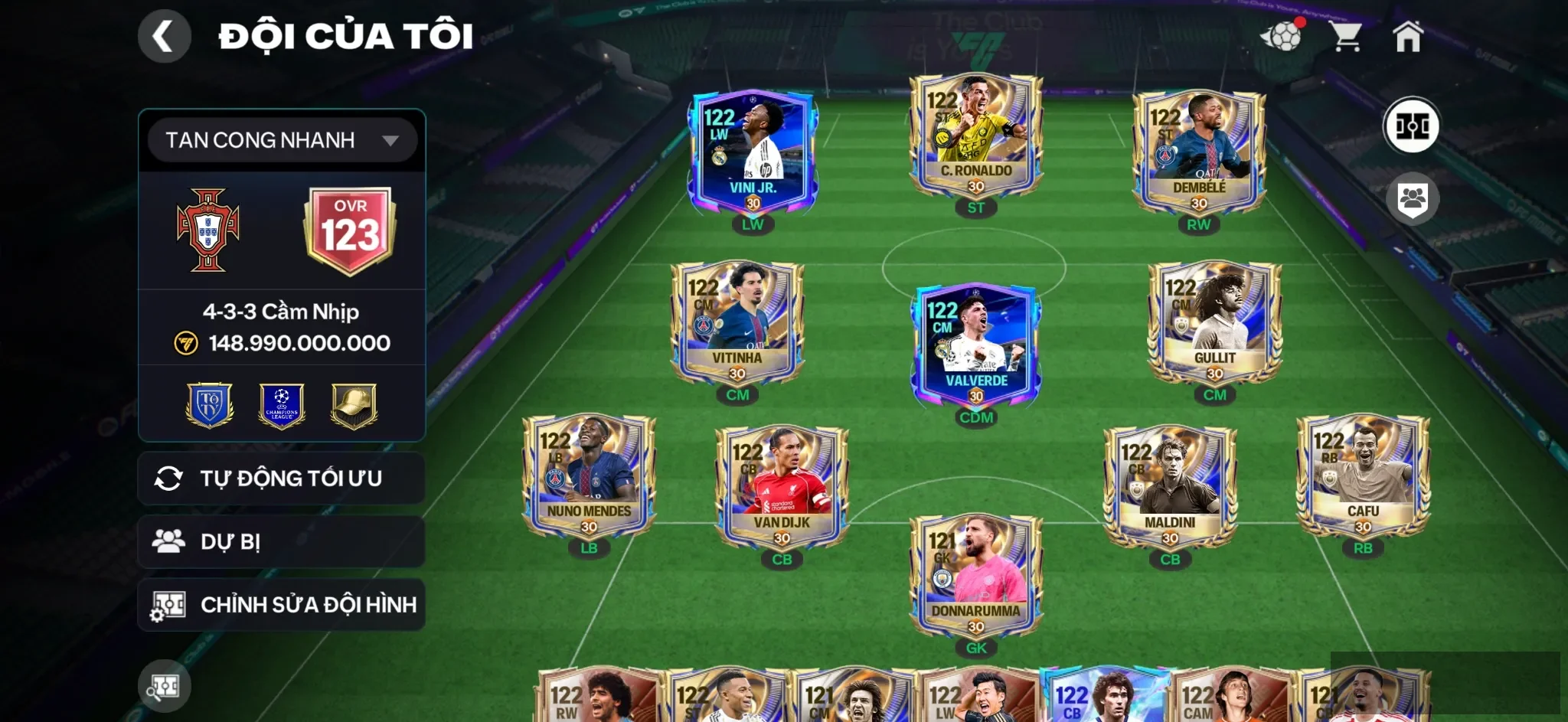 OVR 123,..Cr7 + Dem + Mp3 + Vini + Full dàn 117 + dàn dự bự 117 116 Vip ,…Dư 2B coin và 30k Ruby