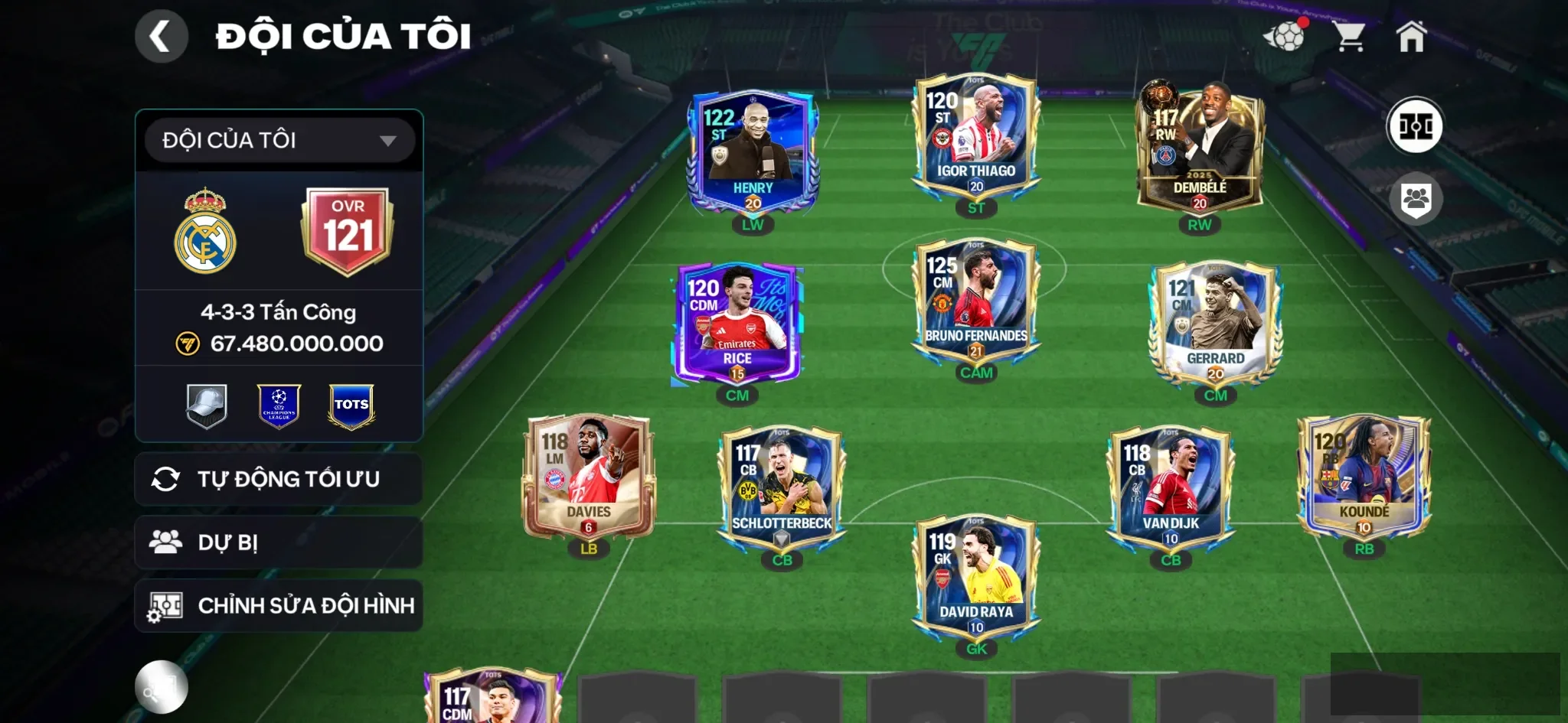 Ovr 121 Bruno tots+1 cthu 118+4 cthu 117 , Khung đẹp ,3 rank chưa đá , còn nv 20k gem