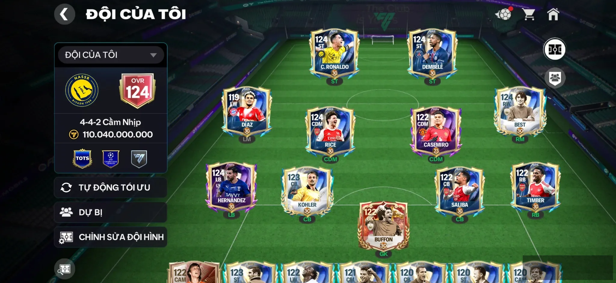OVR 124,..Dem + Cr7 + Best + diaz + Rice ,..Full dàn dự bị Tots , Cruyff bán được…Rank cao