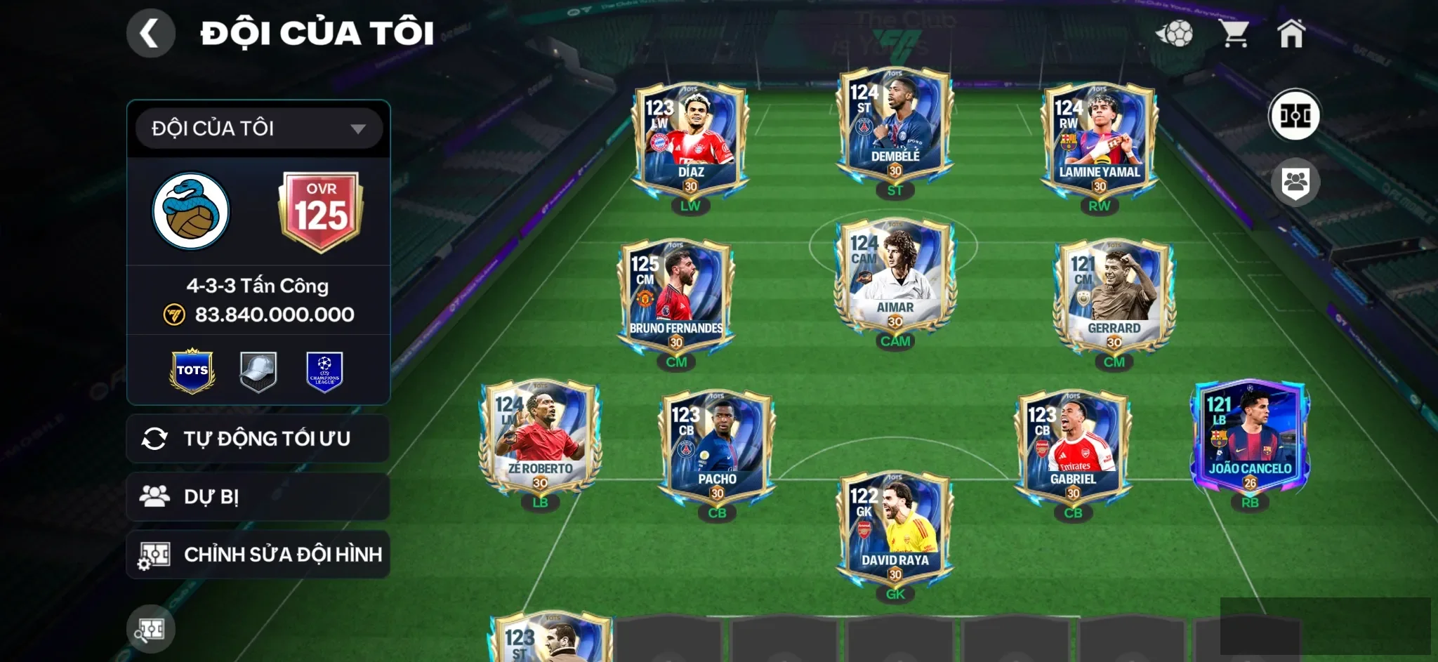 OVR 124,..Dem + Yamal + Diaz + Aimar + Bruno + full dàn cầu thủ Vip ,..Full điểm huy hiệu và Rank cao.