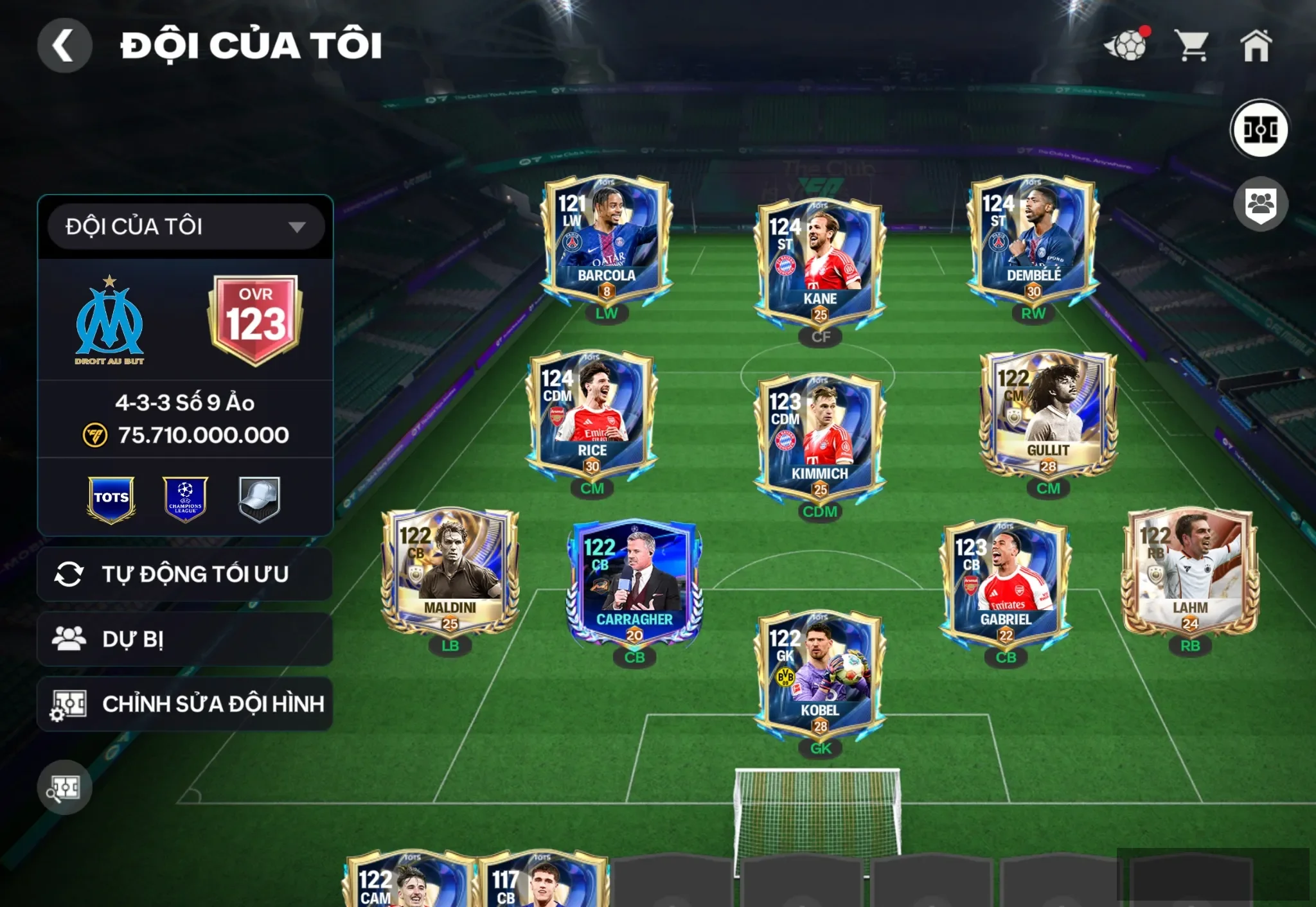 OVR 123,..Dem + Kane + bacro + kimmich + Rice + Gullit + Full cầu thủ 117 ,..rank cao.