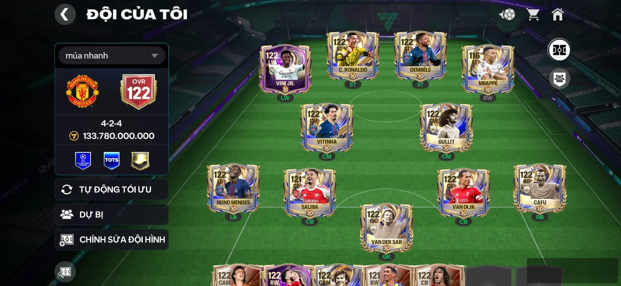 OVR 122,..Vandersa ( siu hiếm ) + Cr7 + Dem + Mp3 + Vini + Gullit + Vitinha + Full dàn Utoty ,..Dư 2B coin