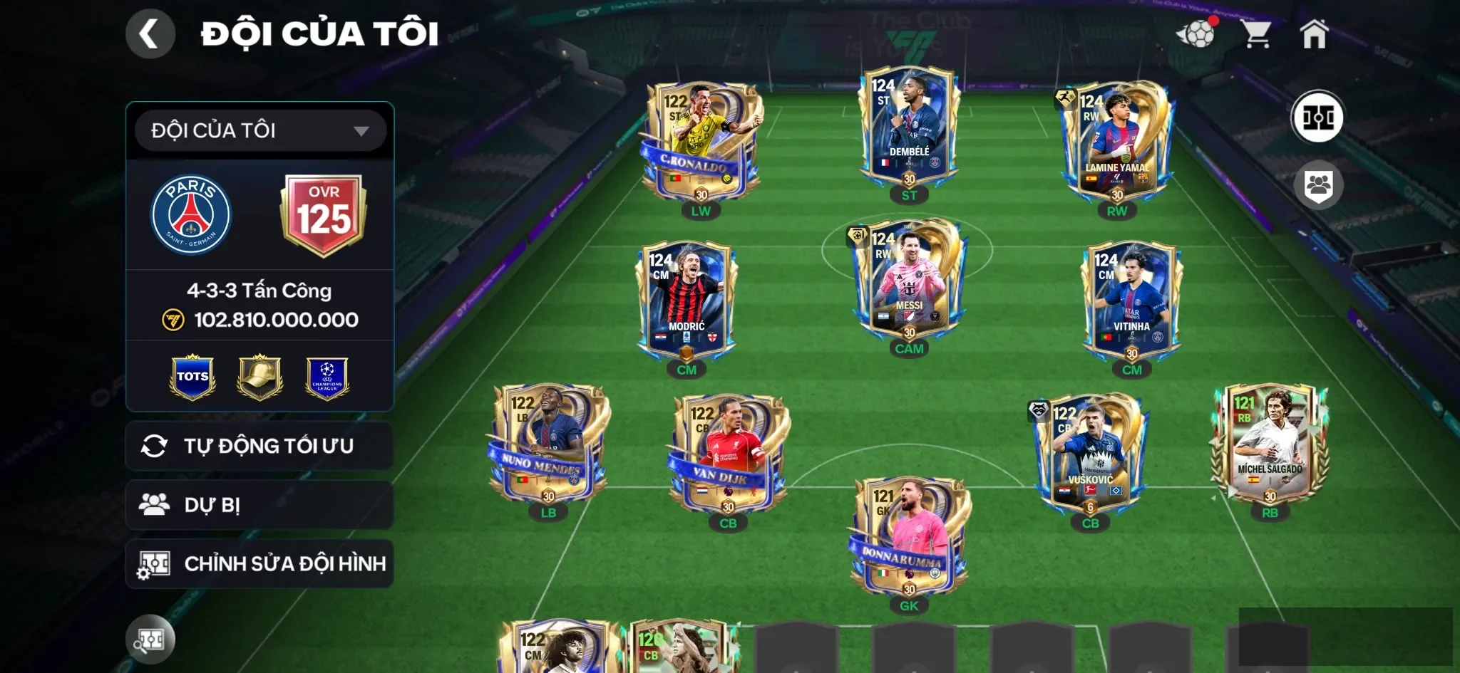 Ovr 125 Messi utot+ Yamal utot Thiếu 1 phôi 117 up đc Dembele utot , Đội hình siêu đẹp ,15k hp , 1k7 hhth