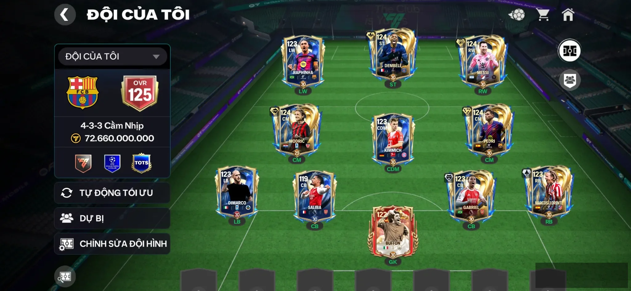 Ovr 125 Dembel utot+Messi utot+ Modric utot+ Pedri utot + 2 cthu utot , Đội hình dát vàng siêu ngon ,cthu bán đc