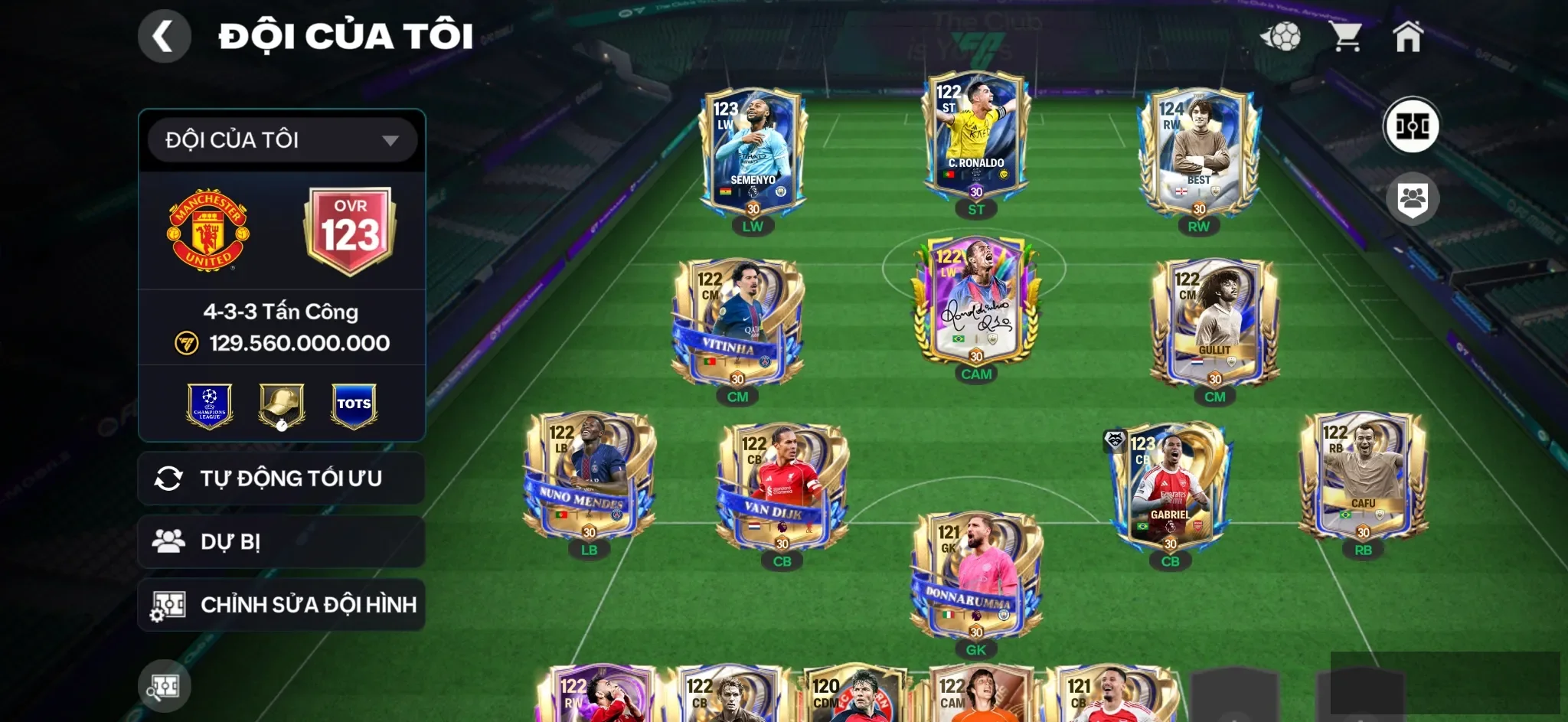 OVR 123,..Ronadino ( hiếm ) + Cr7 ( đủ phôi up Tots ) + Besst + Gullit + Nhiều cầu thủ ngon + 2B5 coin..