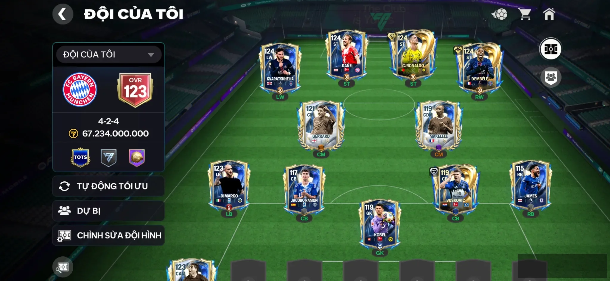 Ovr 123 Cr7 utot+Dembele utot + 4 cthu 119 + 1 cthu utot , 3 rank chưa đá , còn nv20k gem